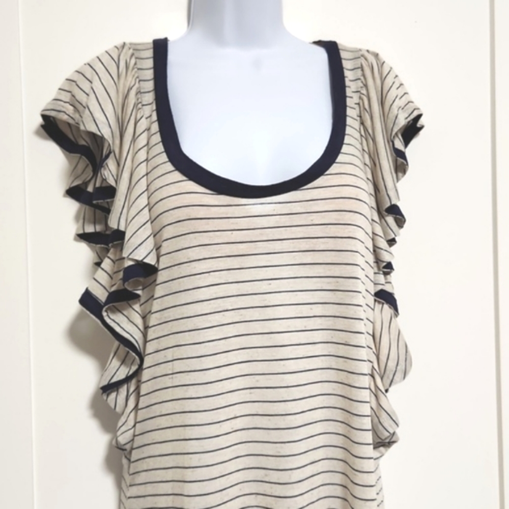 Silence + Noise Navy and Cream Stripe Flutter Sleeves Top